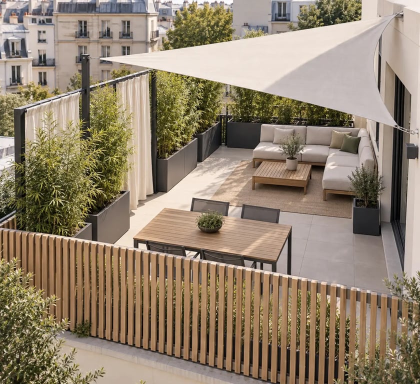 Aménagement d’une terrasse en ville sans vis-à-vis avec claustra, plantes et rideaux outdoor