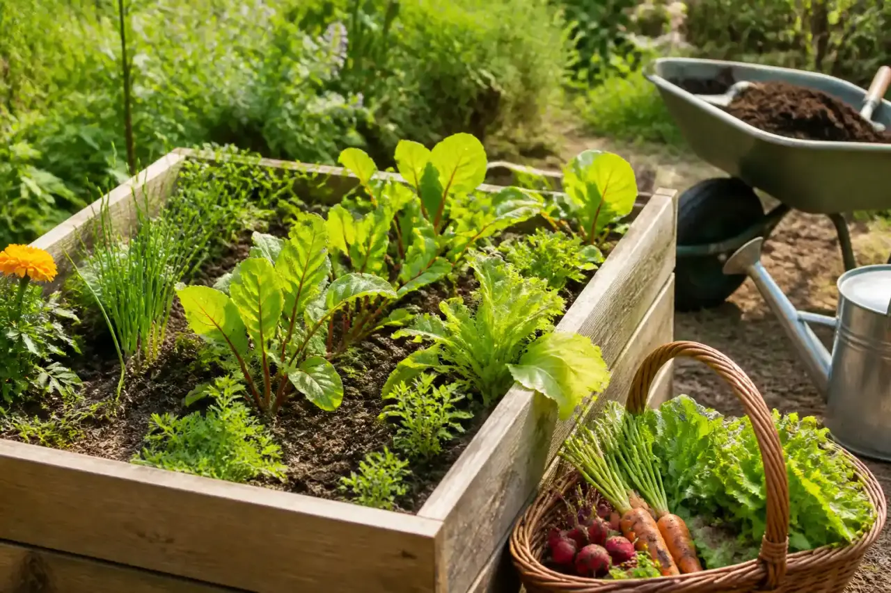 Sol fertile de potager avec jeunes pousses de légumes