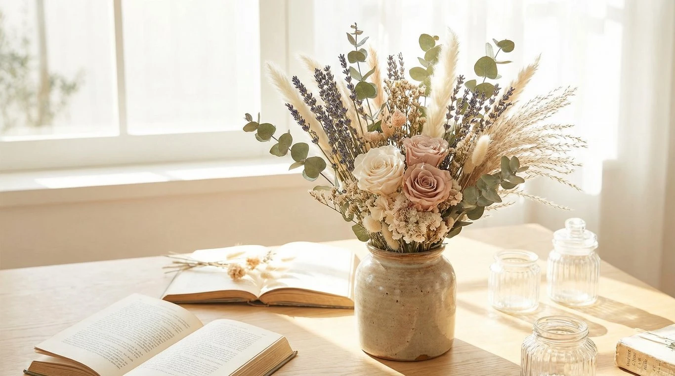 Arrangement artistique de fleurs séchées