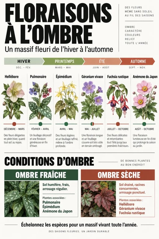 Infographie sur les vivaces d’ombre à longue floraison et leur succession au fil des saisons