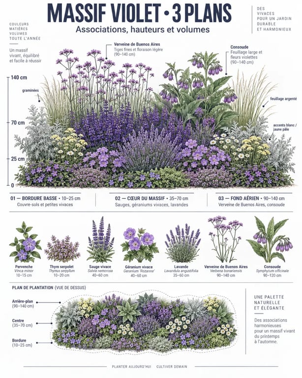 Plan de massif de vivaces violettes organisé par hauteurs et associations de couleurs