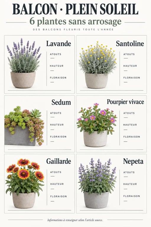 Infographie des plantes plein soleil sans arrosage pour balcon