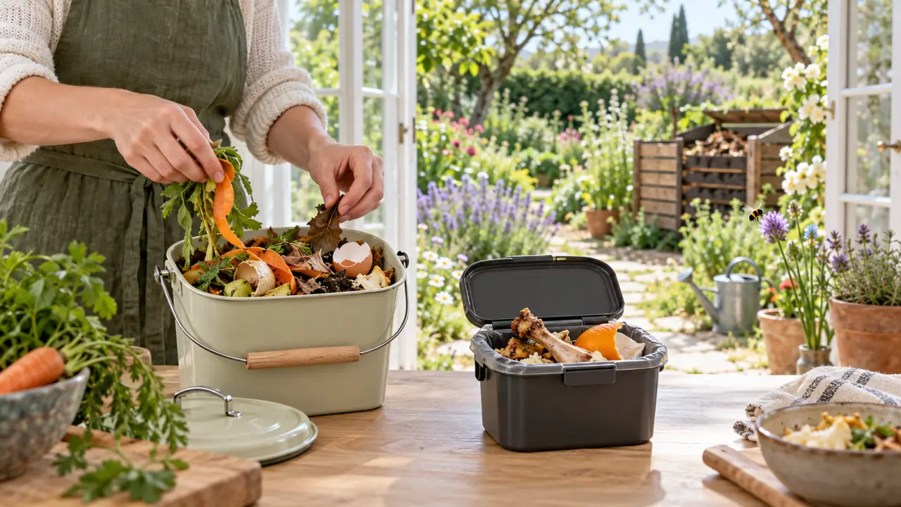 Épluchures de légumes et compost mûr dans un jardin naturel