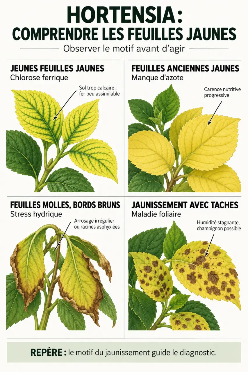 Infographie comparative sur les causes des feuilles jaunes d’un hortensia