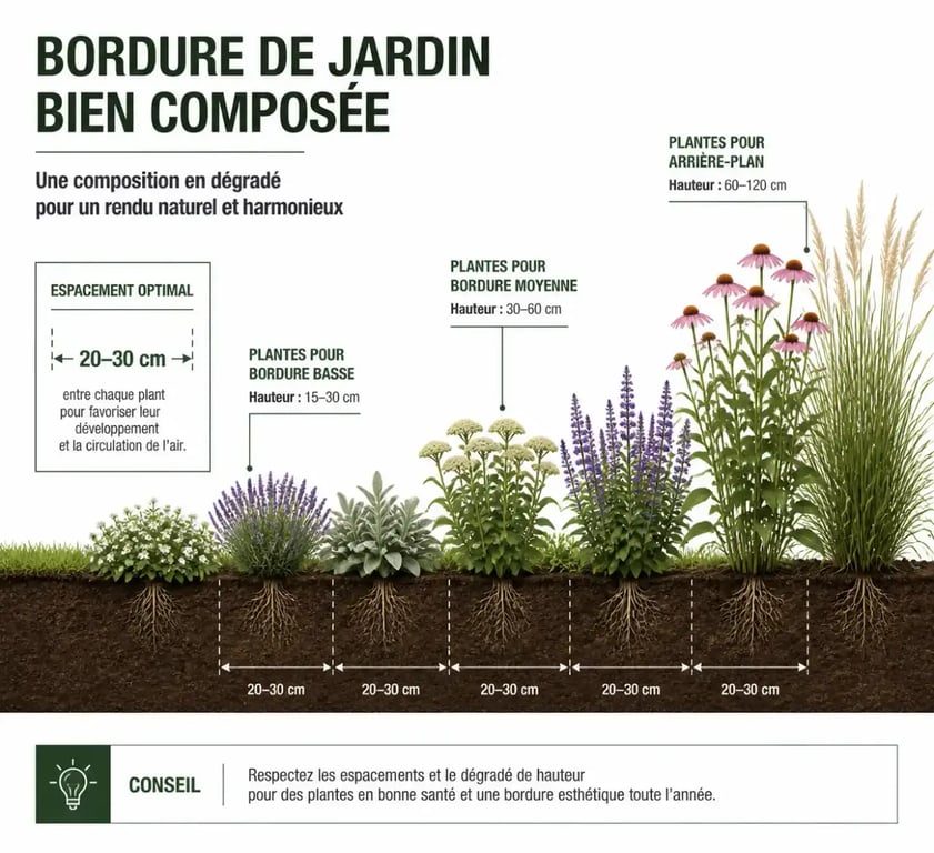 Schéma d'espacement et de composition pour plantes pour bordure basse