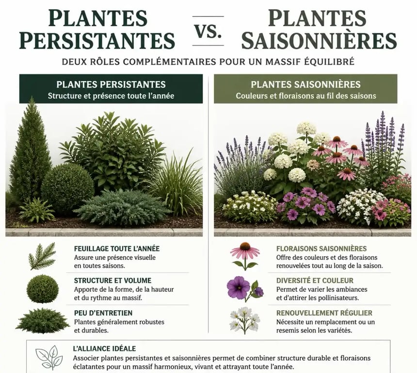 Comparaison visuelle entre plantes pour bordure basse à feuillage persistant et floraison saisonnière