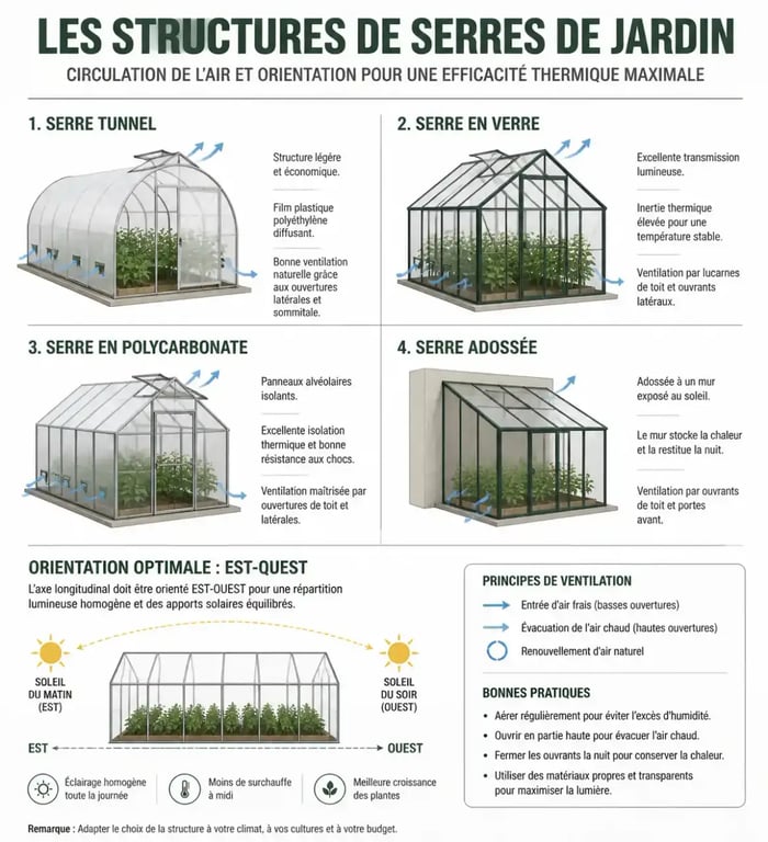 Schéma explicatif des différents types de serres pour le jardinage et principes d'orientation