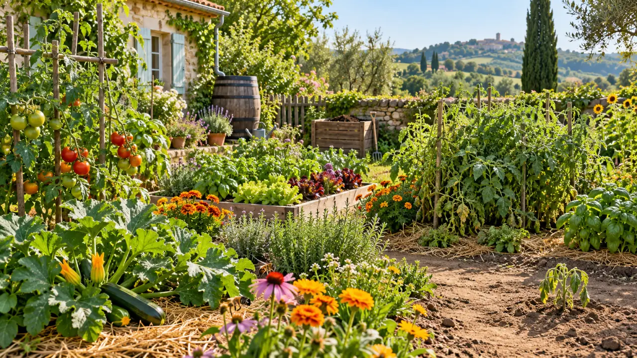 Potager en permaculture luxuriant avec des légumes, des fleurs et un sol couvert de paillage
