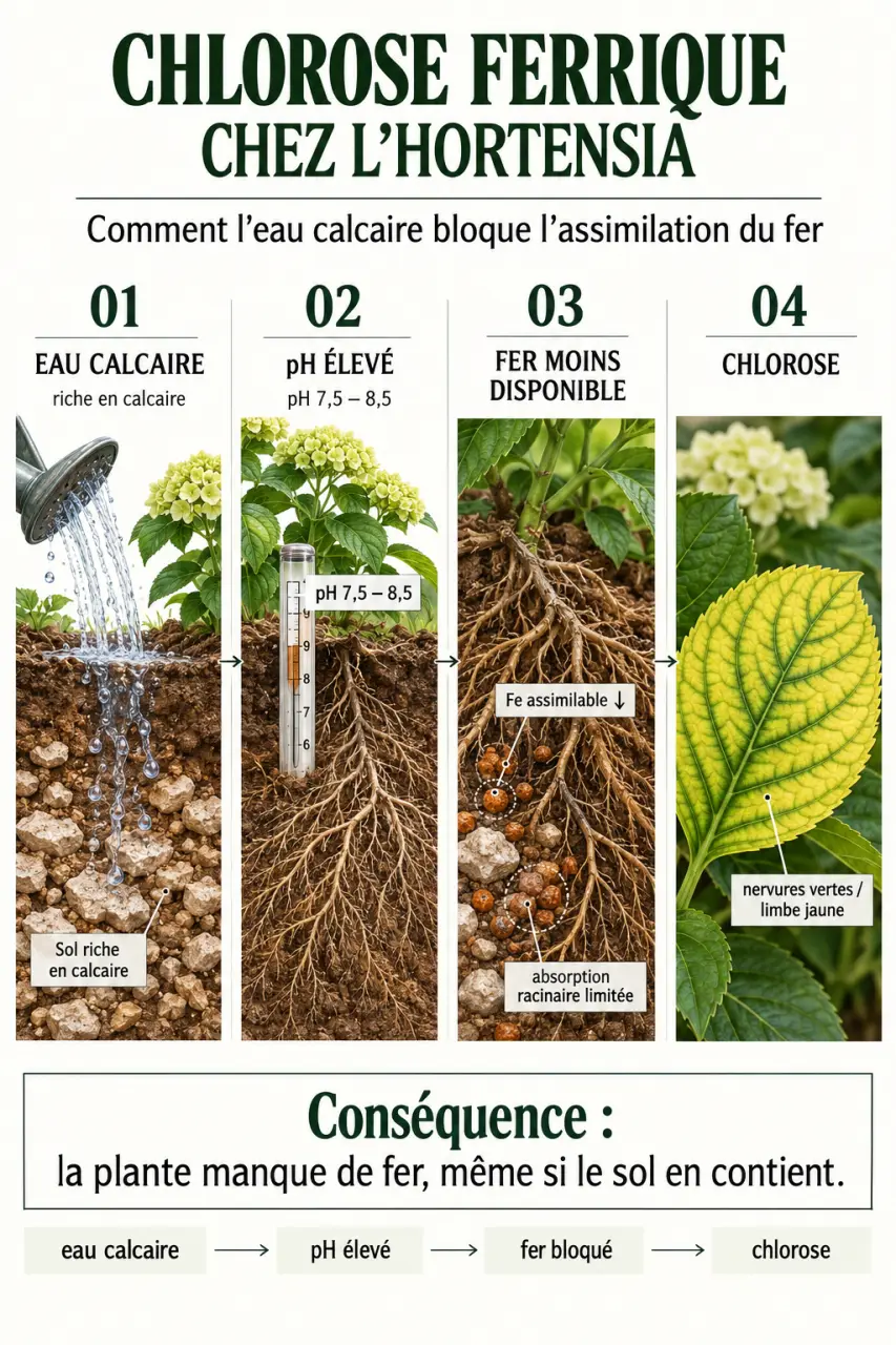 Schéma de la chlorose ferrique responsable des feuilles jaunes de l’hortensia