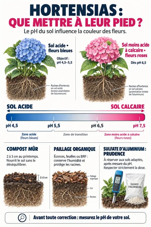 Que mettre au pied des hortensias selon le pH du sol, avec compost, paillage et couleurs des fleurs