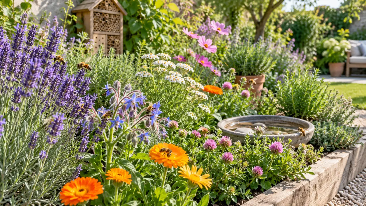 Abeille butinant des fleurs sauvages dans un petit jardin