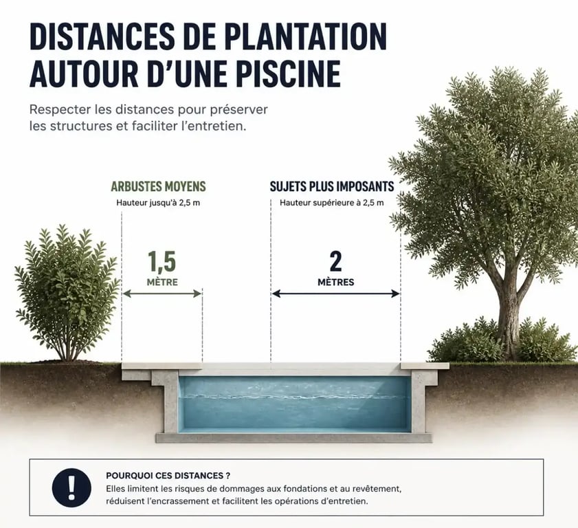 Schéma des distances de plantation recommandées autour d'une piscine pour plantes piscines