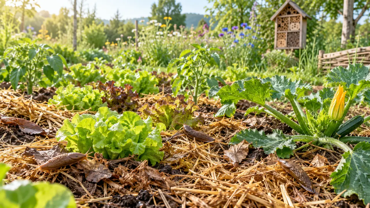 Paillage naturel installé entre les légumes d'un potager
