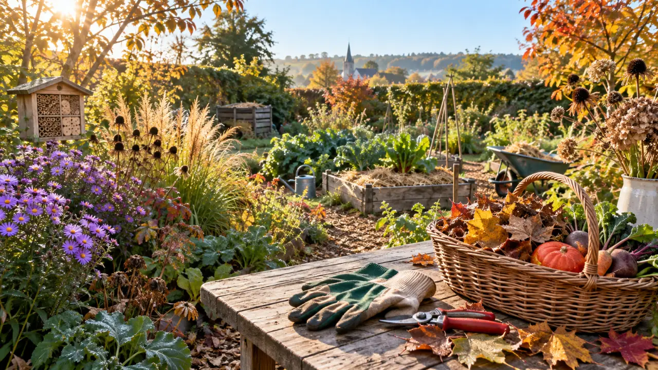 Jardin vivant en automne avec feuillage, paillage et outils naturels