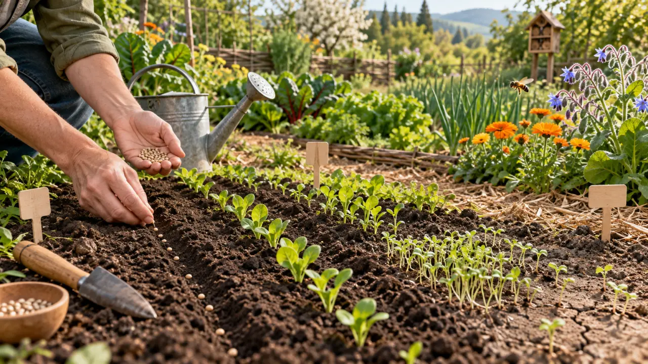 Jeunes semis de légumes dans un potager naturel