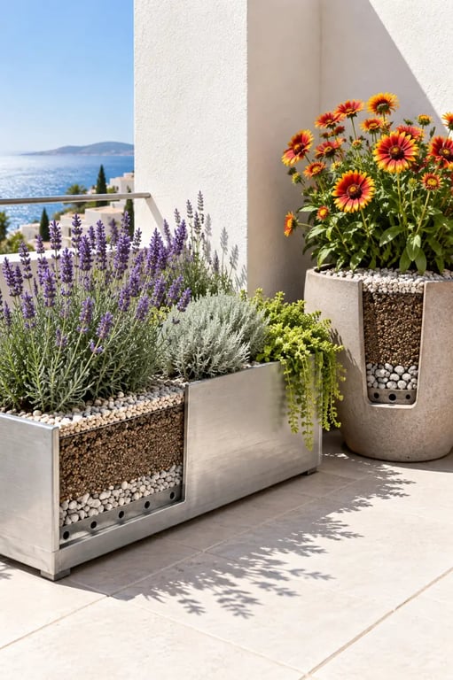 Balcon plein sud avec plantes plein soleil sans arrosage en pots