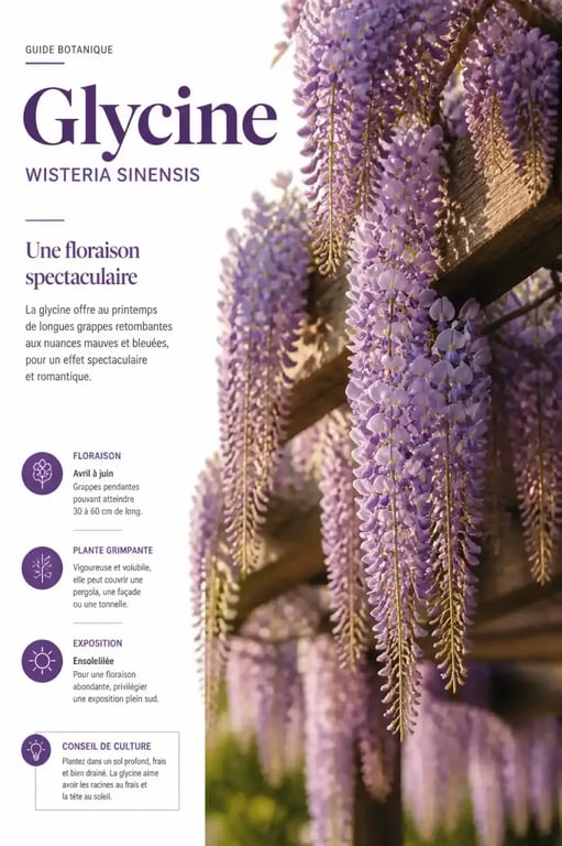 Glycine mauve-bleutée en fleurs sur une pergola, arbuste à fleurs violettes grimpant