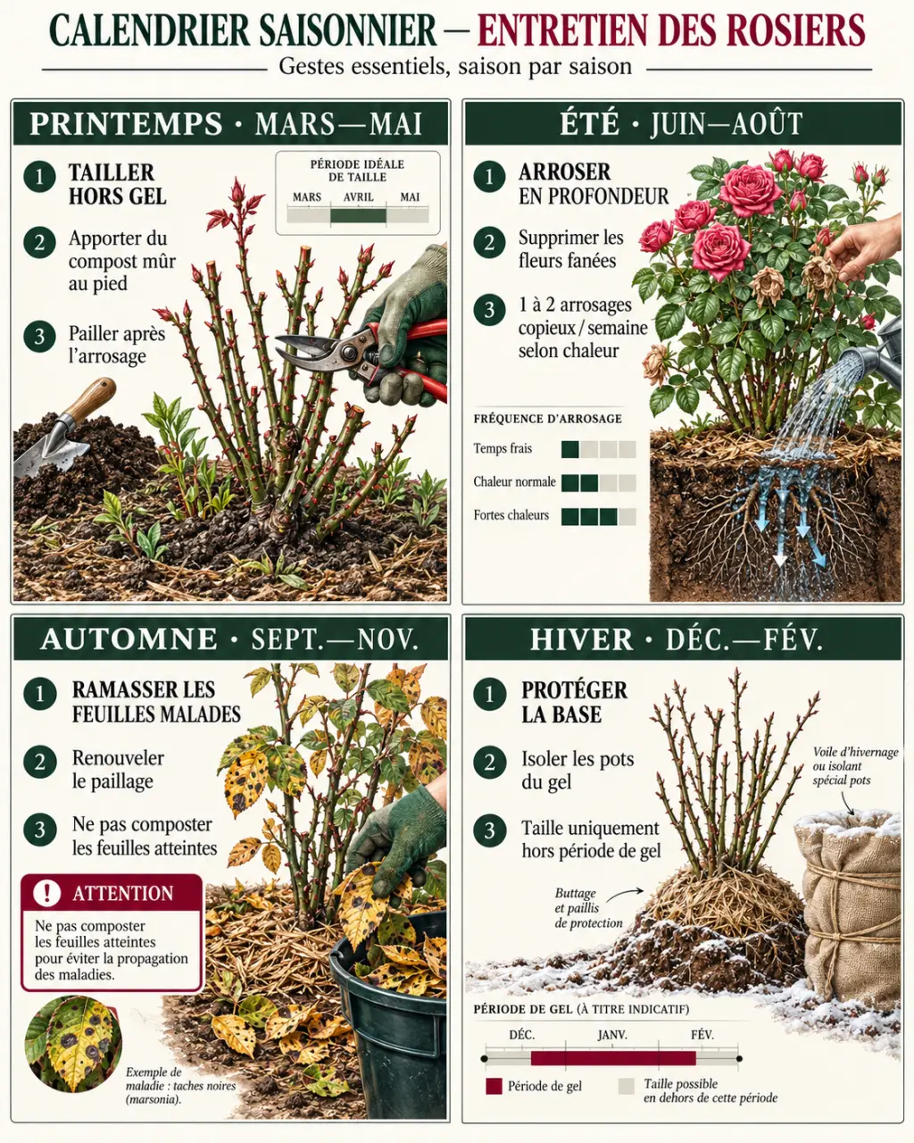 Entretien des rosiers au fil des saisons : calendrier de la taille, de l’arrosage et du paillage