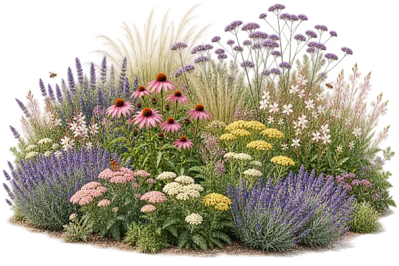 Composition d'un massif de fleurs de jardin d'été en plein soleil avec floraisons échelonnées