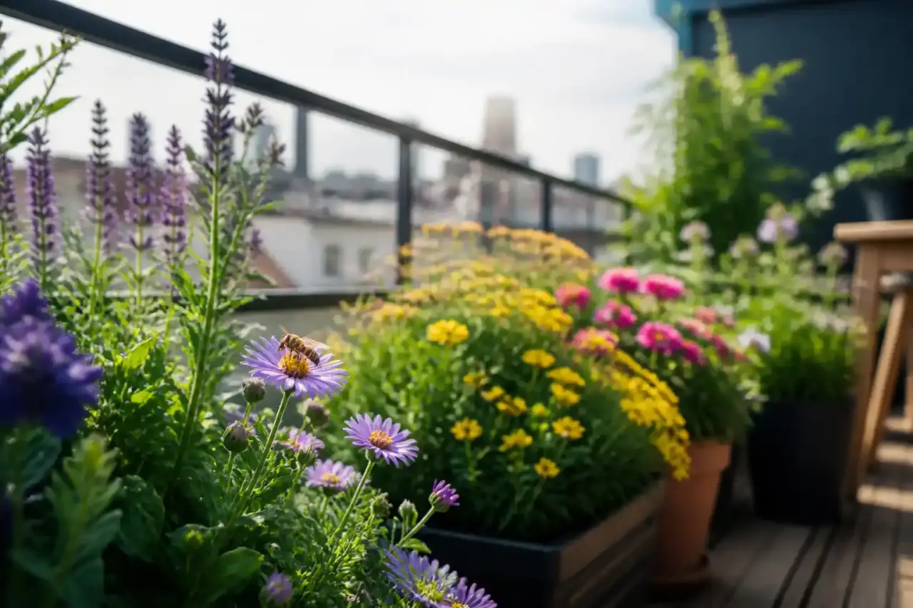 Terrasse fleurie accueillant les abeilles avec des fleurs de saison