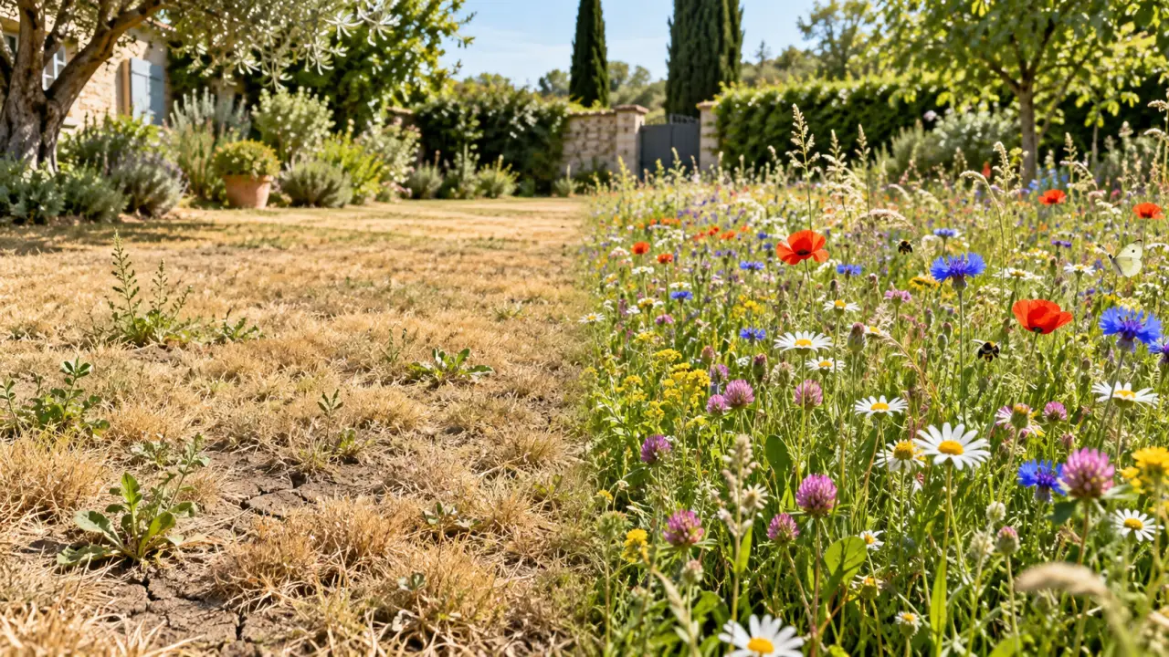 Prairie fleurie colorée remplaçant une ancienne pelouse sèche