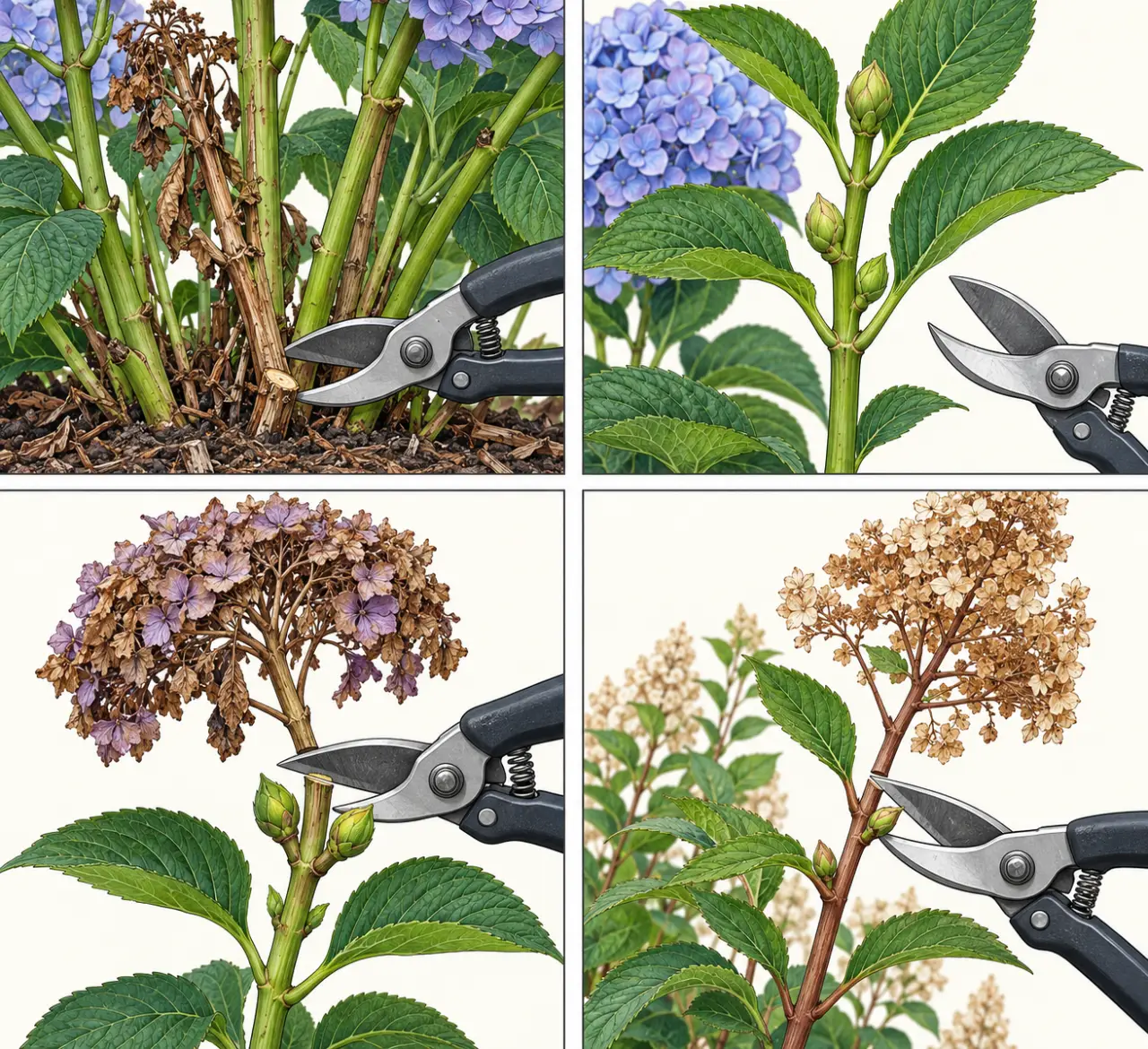 Illustration des étapes de la taille des hortensia, des tiges mortes aux bourgeons à conserver