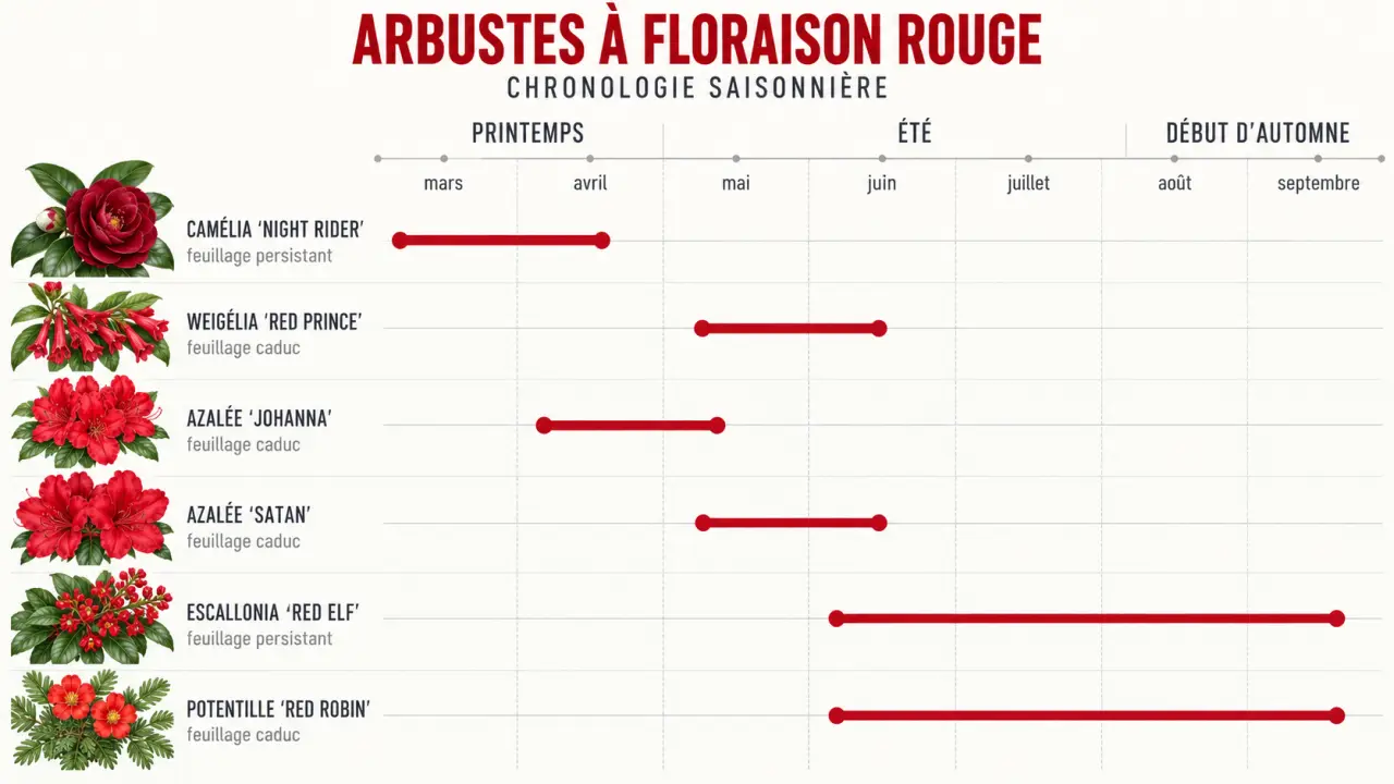Arbuste a fleur rouge : calendrier visuel des floraisons du weigélia, camélia, azalée, escallonia et potentille