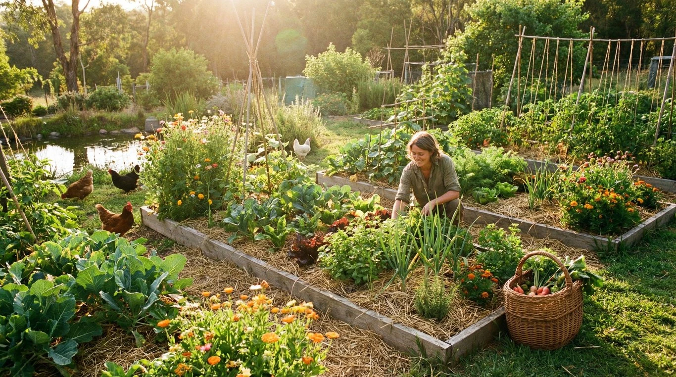 Jardin luxuriant en permaculture avec plantes compagnes et lumière naturelle filtrée