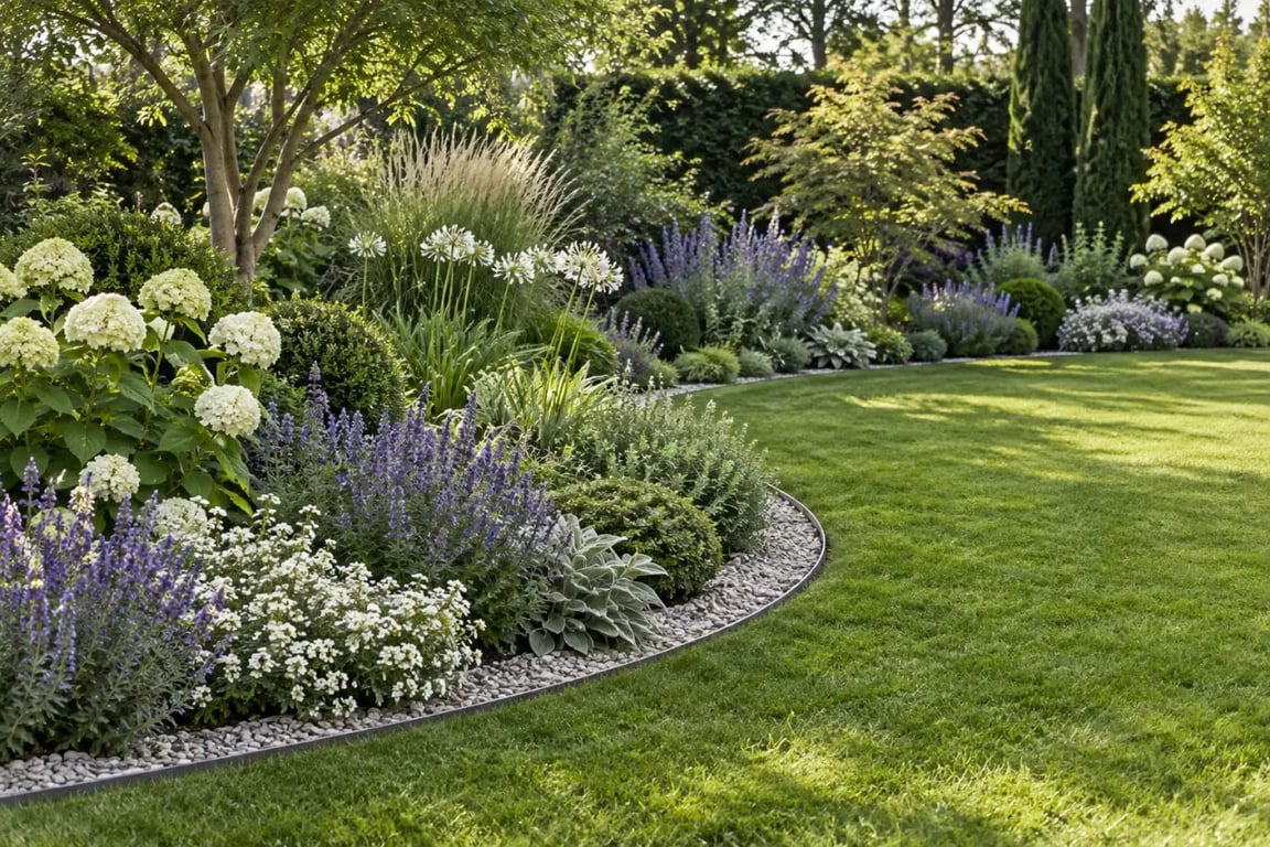 Bordure fleurs jardin séparant une pelouse d'un massif fleuri