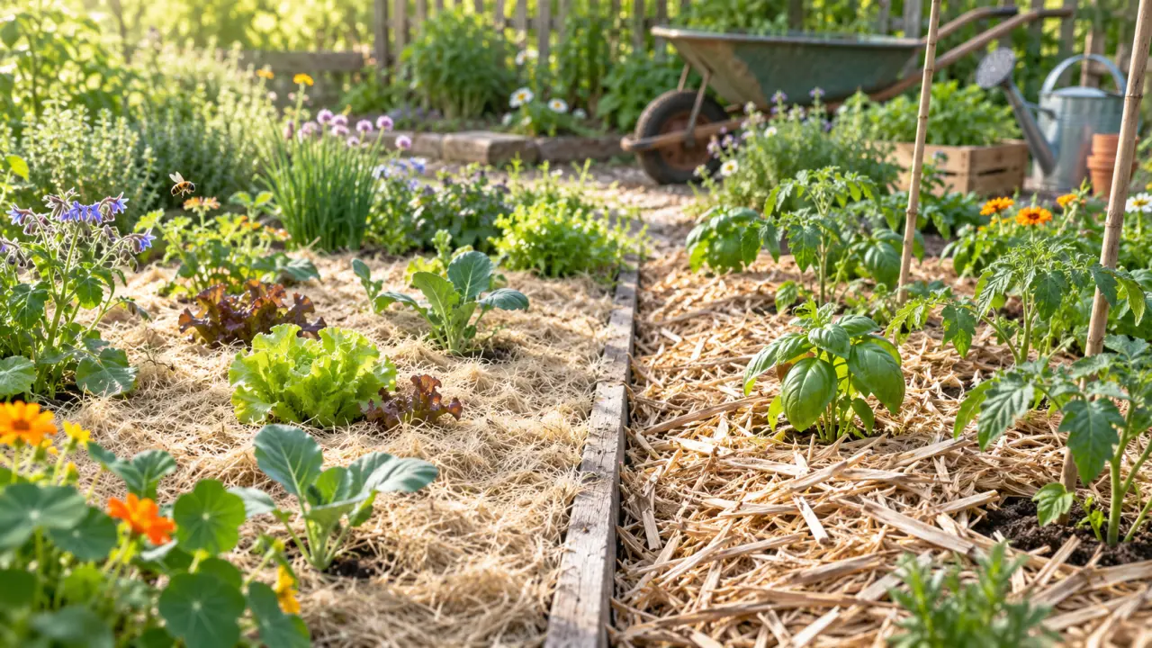 Paillage naturel de chanvre et de miscanthus dans un jardin