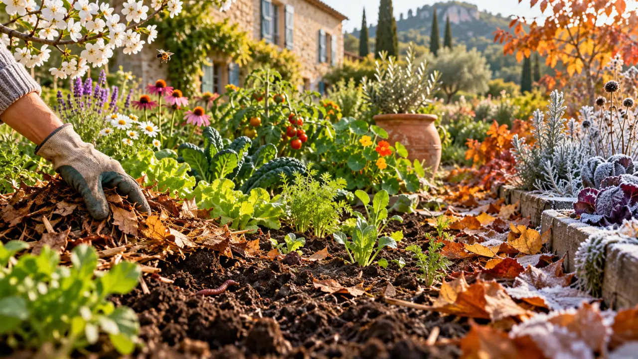 Main de jardinière déposant du compost sur une terre vivante