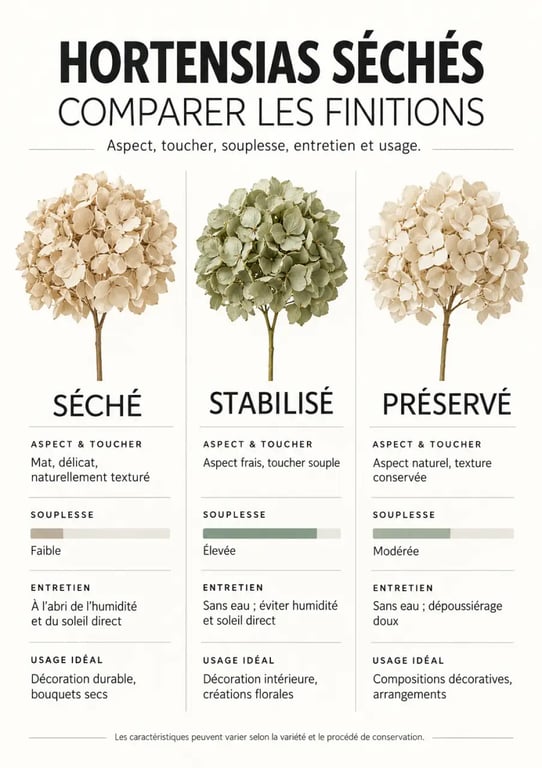 Infographie comparative sur les hortensias séchés, stabilisés et préservés