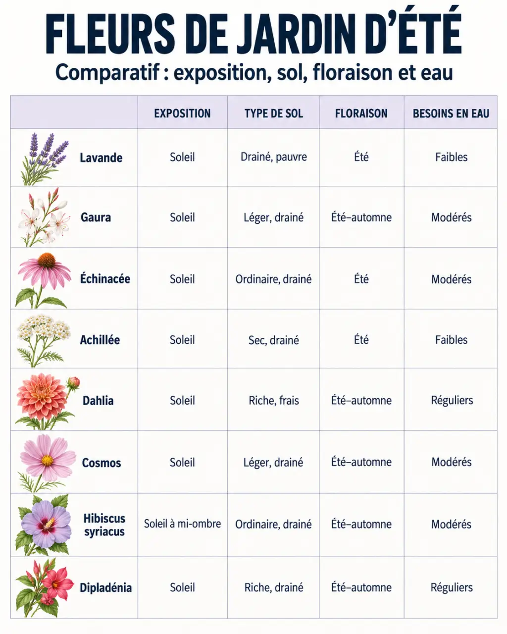 Infographie comparative des fleurs de jardin d'été selon le soleil, la floraison et les besoins en eau