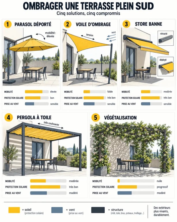 Comparatif visuel des solutions d’ombrage pour aménager une terrasse exposée plein sud
