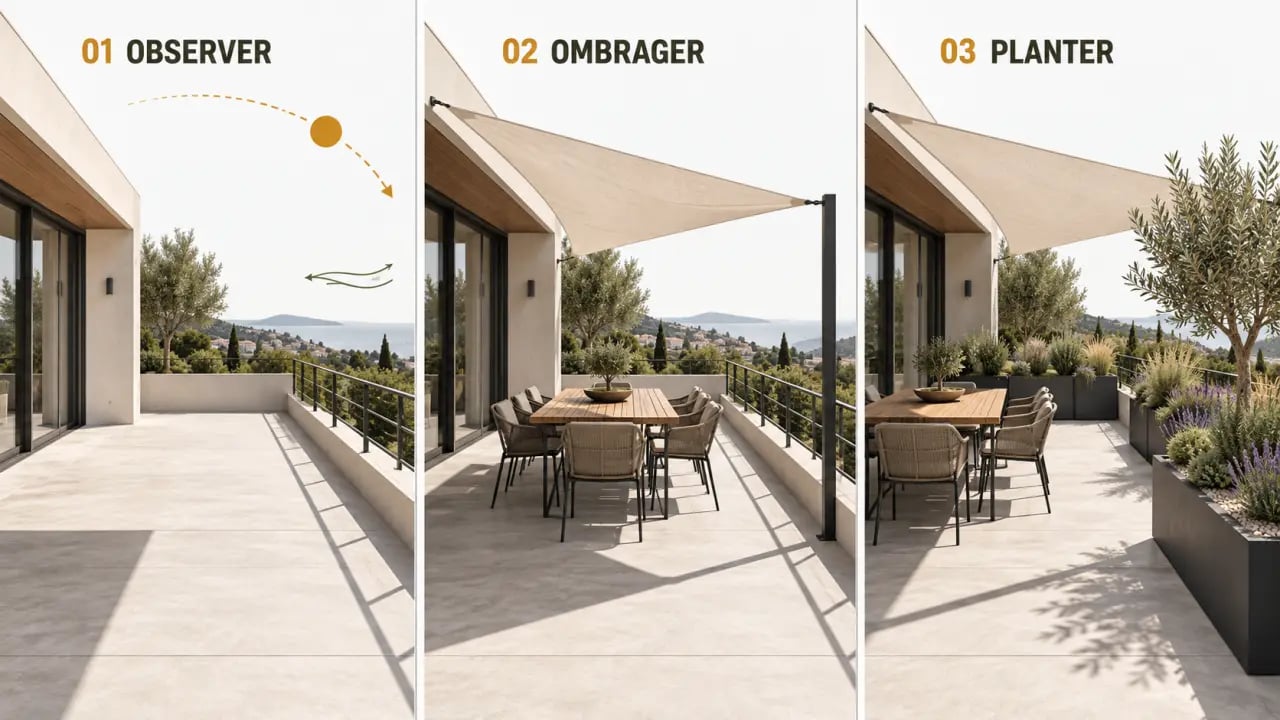 Étapes pour aménager une terrasse exposée plein sud avec ombrage, mobilier et plantes résistantes