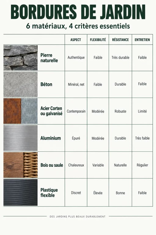 Infographie comparative des matériaux pour une bordure fleurs jardin