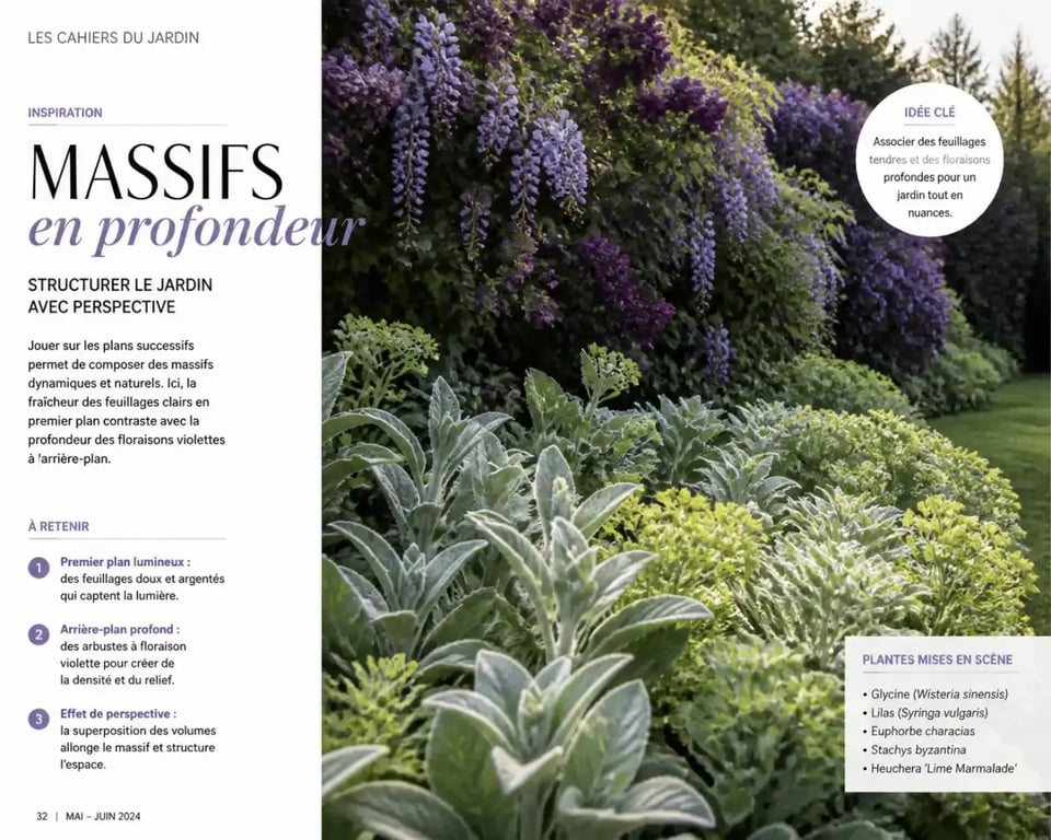 Massif de jardin avec arbuste à fleurs violettes en fond de scène créant un effet de profondeur