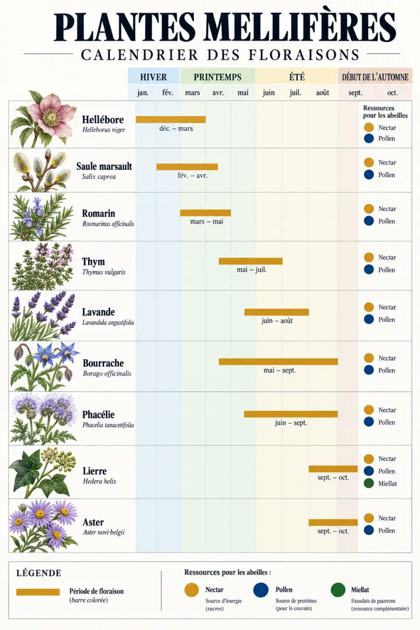 Infographie des plantes mellifères et de leur floraison selon les saisons