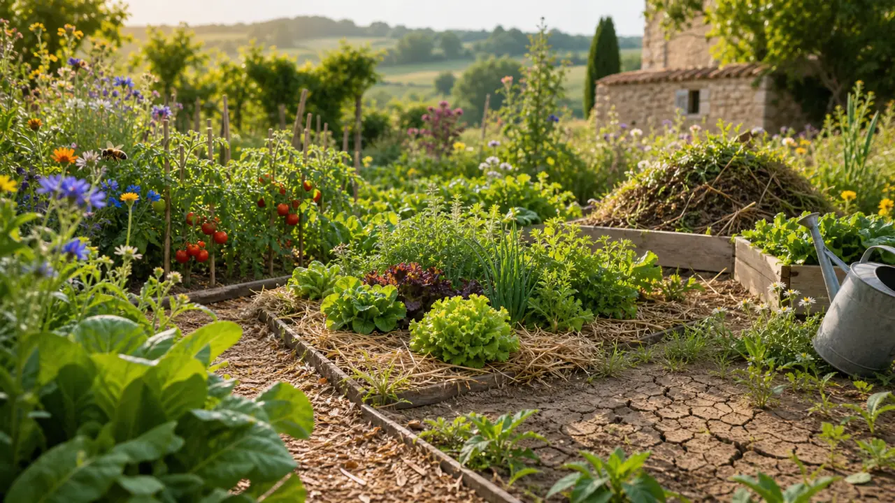 Potager en permaculture vivant, riche en biodiversité et en paillage naturel