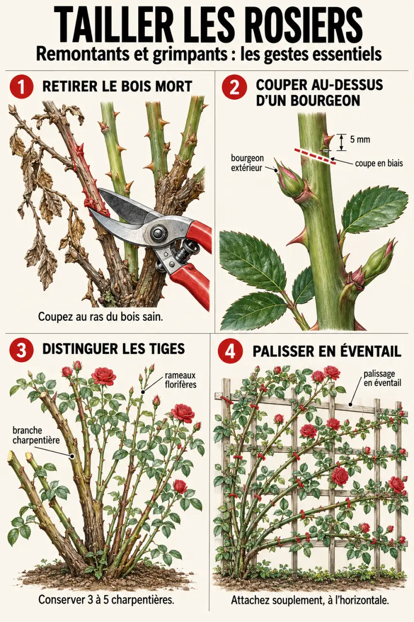 Entretien des rosiers : schéma de taille, bourgeon, branche charpentière et palissage