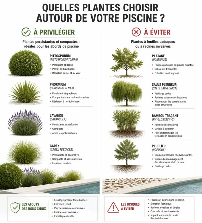 Comparatif des plantes adaptées et déconseillées pour les abords de piscine
