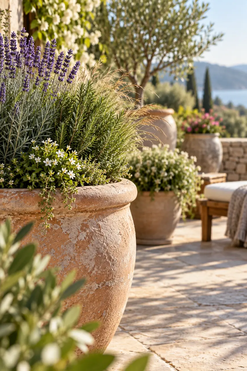 Une terrasse ensoleillée réussie commence par le bon pot et les bonnes plantes