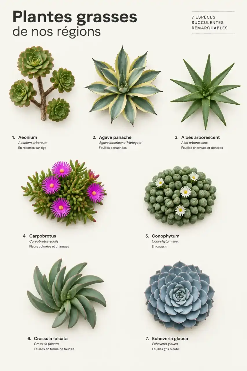 Plantes grasses photos et noms : planche comparant aeonium, agave, aloès, carpobrotus, conophytum, crassula et echeveria