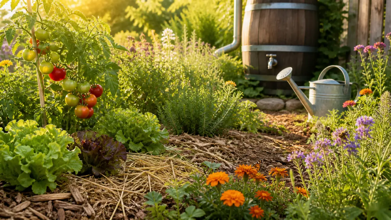 Paillage naturel au jardin avec feuilles sèches et jeunes plants