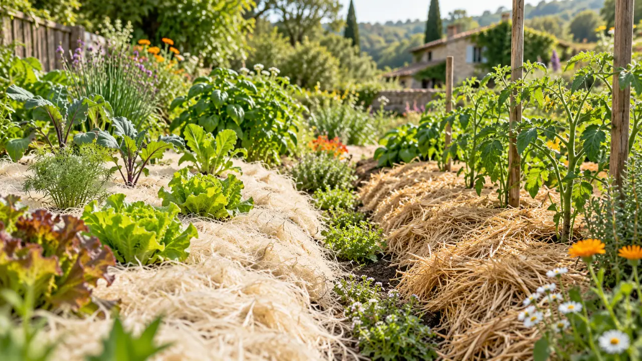 Paillage naturel de lin et de chanvre autour de plants dans un potager