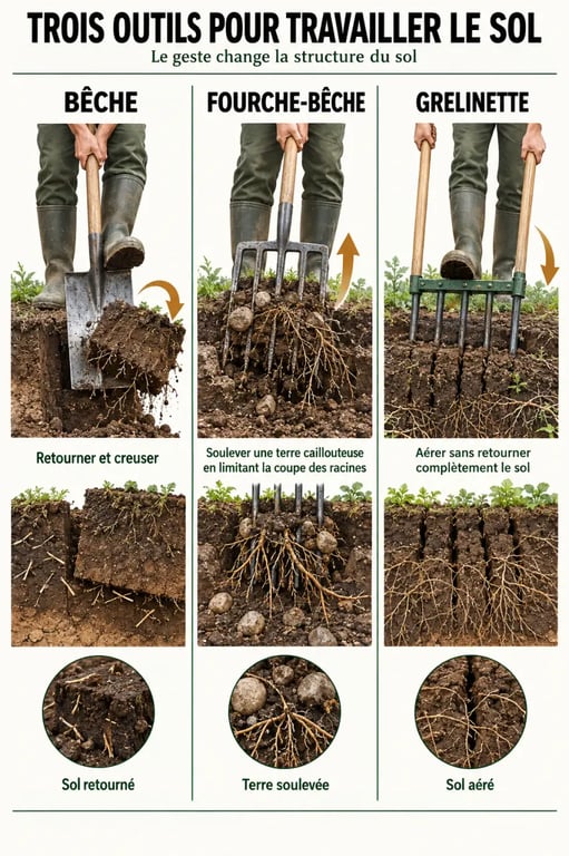 Matériel pour le jardinage : différences entre bêche, fourche-bêche et grelinette
