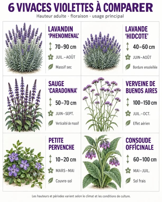 Infographie comparative de six vivaces violettes selon leur hauteur, floraison et usage au jardin
