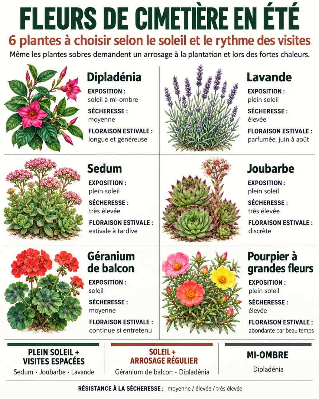 Infographie des plantes et fleurs pour cimetière en été selon l’exposition et les besoins en eau