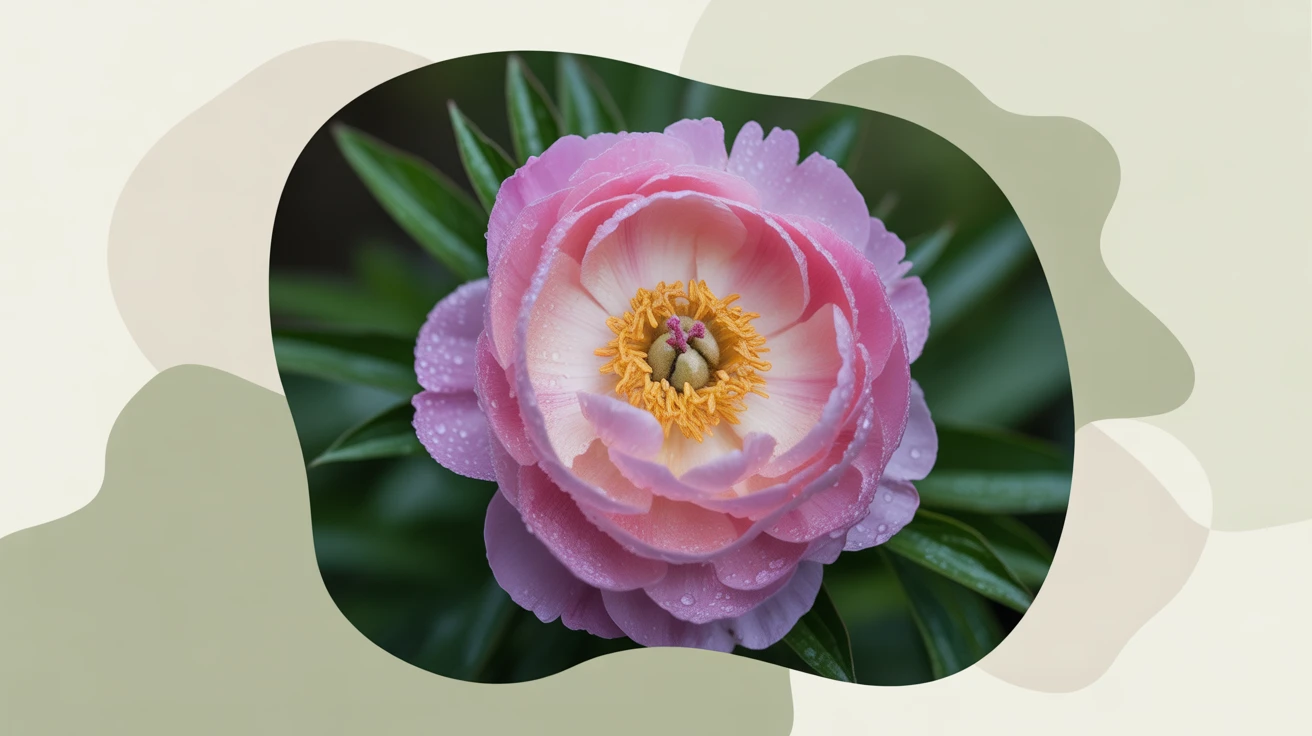 Gros plan sur une pivoine française avec rosée du matin