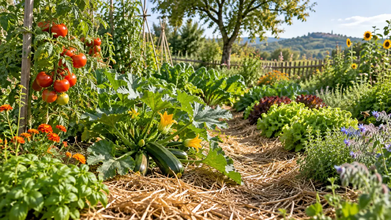Potager paillé avec de la paille autour de plants de légumes